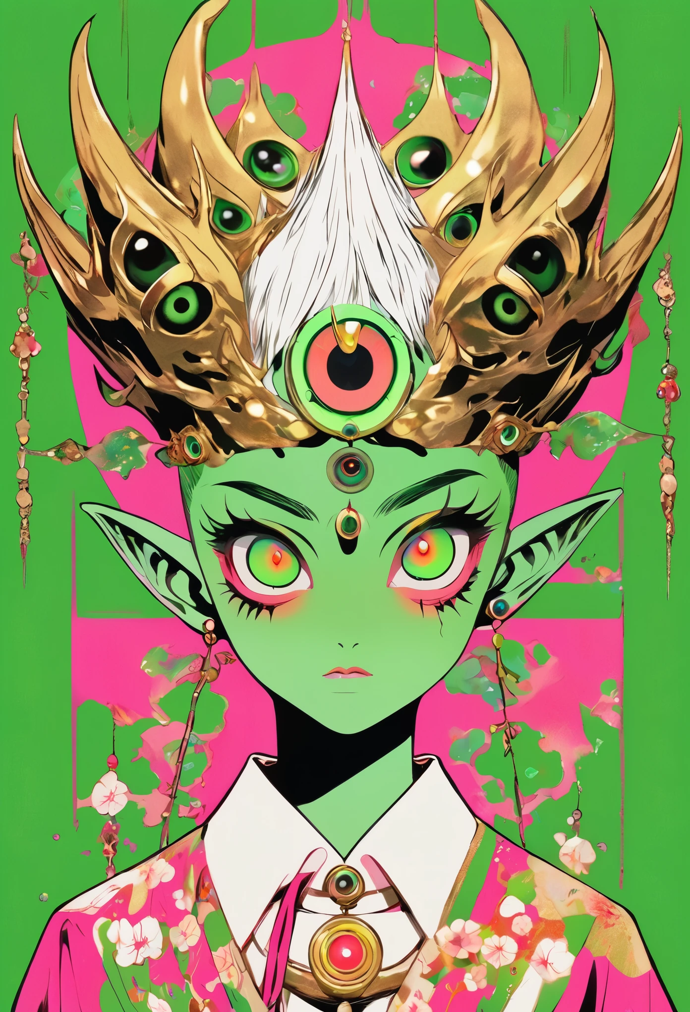 Japanese Anime，Second Dimension，Horror style，horror character，(((Three-eyed boy，独奏，third eye on the forehead，Dark eyeshadow，White short hair，Elf ears，Green Skin，Exaggerated golden crown-eyeball decoration))),(((Japanese clothing))).(((Thin waist，Green belt：1.6))).Pure pink background