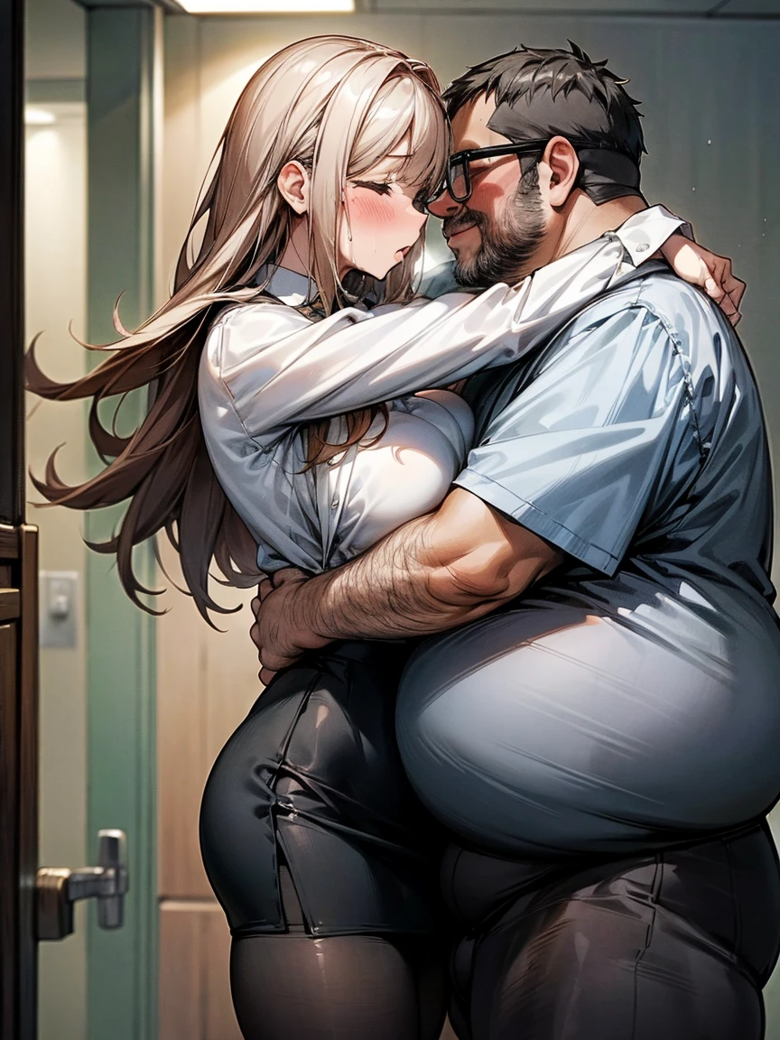 (One girl, A fat middle-aged man:1.2), pantyhose, pantyhose, White shirt, Pencil Skirt, blush, French kiss, hug, Big Breasts, close your eyes, office, Very detailed, High resolution, 4K, masterpiece, High resolution、(tears:1.2)、(Sex)