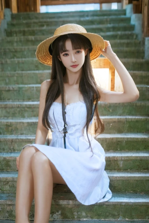 Highest quality、masterpiece、High sensitivity、High resolution、Detailed Description、Slender women、Glasseini dress、Boater hat、Sit on the stairs、