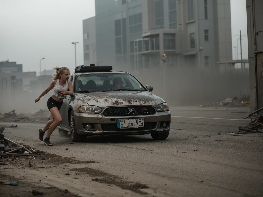 (A low angle shot), (low angle shot), (((1 beautiful blonde woman, terrified expression, running in a future post apocalyptic street))), torn and ripped open denim jacket, dirty, grimy skin, ripped jeans, surrounding buildings heavily damaged, car wrecks, rubble, raining, fire, smoke, (((in the distance an angry zombie mob))), photo realistic, cinematic, masterpiece. [The character is surrounded by mist, evoking a mysterious and eerie atmosphere. The lighting is dark and atmospheric, with smoke adding a touch of sinister ambiance. Best quality image, HDR enhancement, showcasing the utmost level of detail and realism, full body shot:1.5]. [8K, Best Quality, Ultra High Resolution, (highly detailed CG unity 8k wallpaper), (best photo), cry, (best shadows), isometric 3D, octane rendering, ray tracing, highly detailed, (Best quality, 4K, 8k:1.2), absurdity, ultra detailed, (realistic, photorealistic, photorealistic:1.37), complex parts, HDR, (complex parts:1.12), (hyper detailed, hyper realistic, Soft lighting, spicy:1.2), (complex parts, Hyper detailed:1.15). Blurred foreground. (backlit), masterpiece, high quality, brightness, chromatic aberration, foggy smoke, shadows, ontrast, clear sky, (warm hue, warm tone), high details, natural reflections]. (YES SFW)