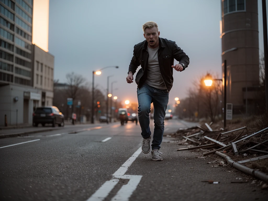 (A low angle shot), (low angle shot), (((1 beautiful blonde woman, terrified expression, running in a future post apocalyptic street))), torn and ripped open denim jacket, dirty, grimy skin, ripped jeans, surrounding buildings heavily damaged, car wrecks, rubble, raining, fire, smoke, (((in the distance an angry zombie mob))), photo realistic, cinematic, masterpiece. [The character is surrounded by mist, evoking a mysterious and eerie atmosphere. The lighting is dark and atmospheric, with smoke adding a touch of sinister ambiance. Best quality image, HDR enhancement, showcasing the utmost level of detail and realism, full body shot:1.5]. [8K, Best Quality, Ultra High Resolution, (highly detailed CG unity 8k wallpaper), (best photo), cry, (best shadows), isometric 3D, octane rendering, ray tracing, highly detailed, (Best quality, 4K, 8k:1.2), absurdity, ultra detailed, (realistic, photorealistic, photorealistic:1.37), complex parts, HDR, (complex parts:1.12), (hyper detailed, hyper realistic, Soft lighting, spicy:1.2), (complex parts, Hyper detailed:1.15). Blurred foreground. (backlit), masterpiece, high quality, brightness, chromatic aberration, foggy smoke, shadows, ontrast, clear sky, (warm hue, warm tone), high details, natural reflections]. (YES SFW)