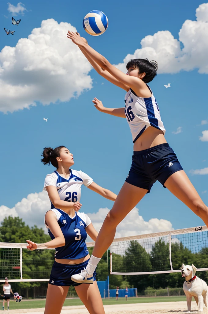A short-haired girl wearing a No. 26 volleyball jersey and volleyball pants,Black Hair,The girl with bangs is playing volleyball with a white puppy,Girl throwing volleyball upward,Puppy trying to catch ball,The background is blue sky, white clouds and butterflies flying