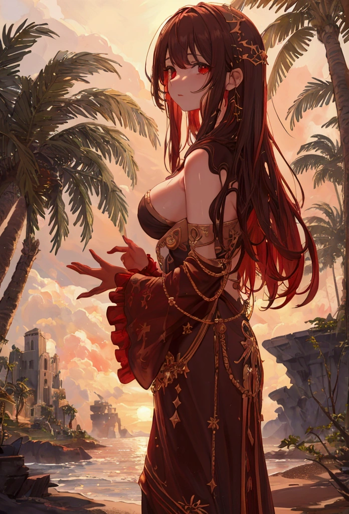 masterpiece, rich colors, Best quality, detailed, high resolution, Hyper quality, high detail, , high quality, detailing, skinny sexy girl on the beach , bright lighting , green eyes, Anime, palm trees, bright lighting, redhead,