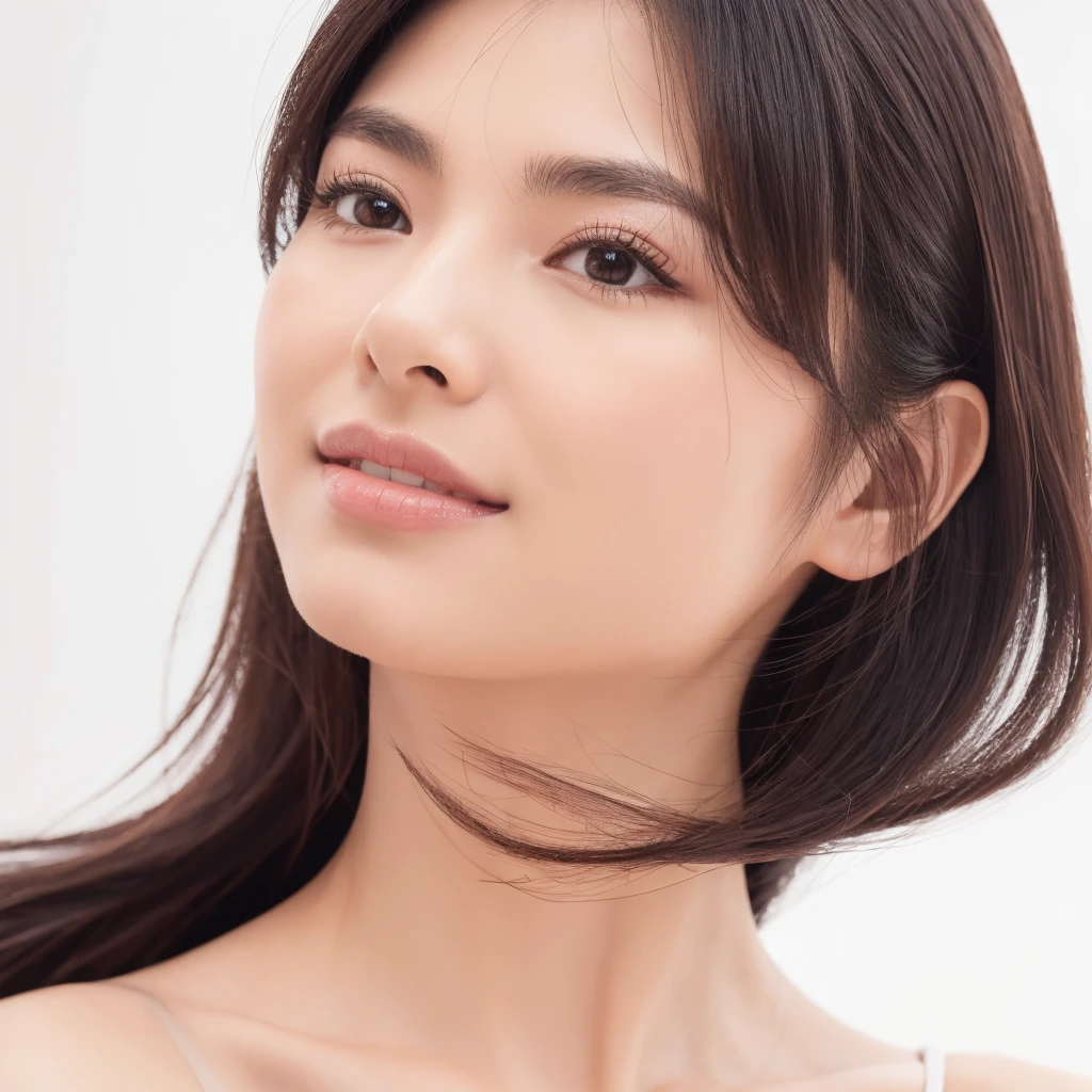 single Japanese woman, solo portrait, eyelash salon model, studio portrait, pure white background, left profile view (90 degrees), impressive eyebrows and eyelashes, high-quality, photorealistic, one face only, clean minimalist setting, detailed eyes with clear dark pupils, visible white teeth, gentle smile, sharp focus on facial features, ultra-high resolution, 8K, professional lighting