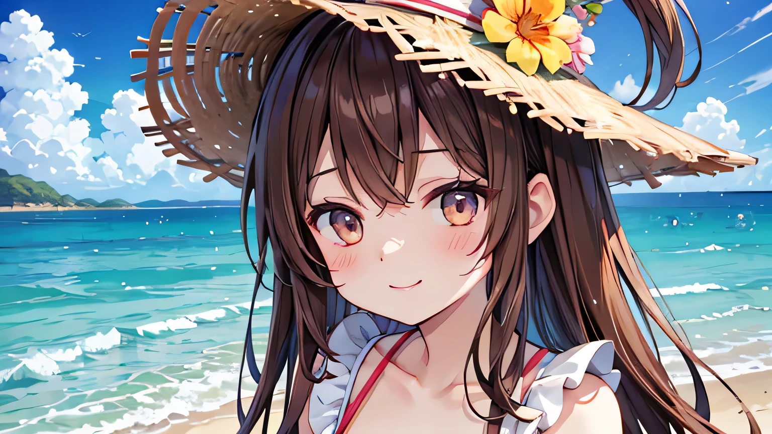 Okinawa, Japan、Woman in her 20s、sun、White ruffled bikini、Brown Hair、About 30% of the sky is covered with clouds.、Sandy Beach、smile