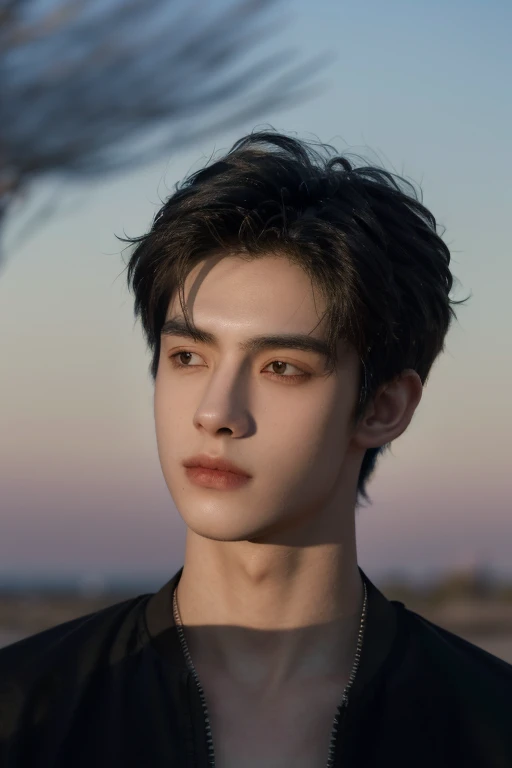 Desert dusk in the background，masterpiece，Ultra-high resolution，（Reality：1.4），original photo，Bust photo，1 Boy，in the darkness，Deep Shadows，Low profile，Cold Light，Incredibly handsome，detail，18 years old，Emotional，The face is clear，black shirt，Facial light，