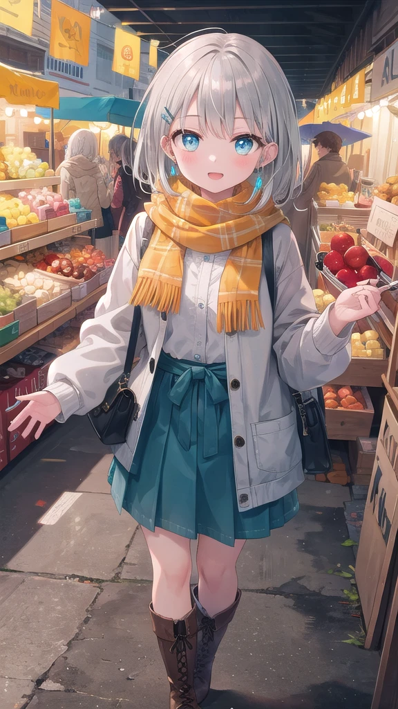 (8K, best quality, master piece: 1.3),super high resolution,1 girl, solo, cowboy shot ,ultra-detailed face, silme, (silver gray hair), thin hair clip, cyan colorshift eyes, expressive eyes, Ecstatic expression, Casual autumn wear, wool, cotton, brown, orange, scarf, boots, Bustling market, red, yellow, blue, bright and colorful