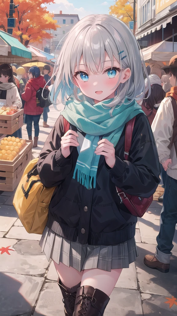 (8K, best quality, master piece: 1.3),super high resolution,1 girl, solo, cowboy shot ,ultra-detailed face, silme, (silver gray hair), thin hair clip, cyan colorshift eyes, expressive eyes, Ecstatic expression, Casual autumn wear, wool, cotton, brown, orange, scarf, boots, Bustling market, red, yellow, blue, bright and colorful