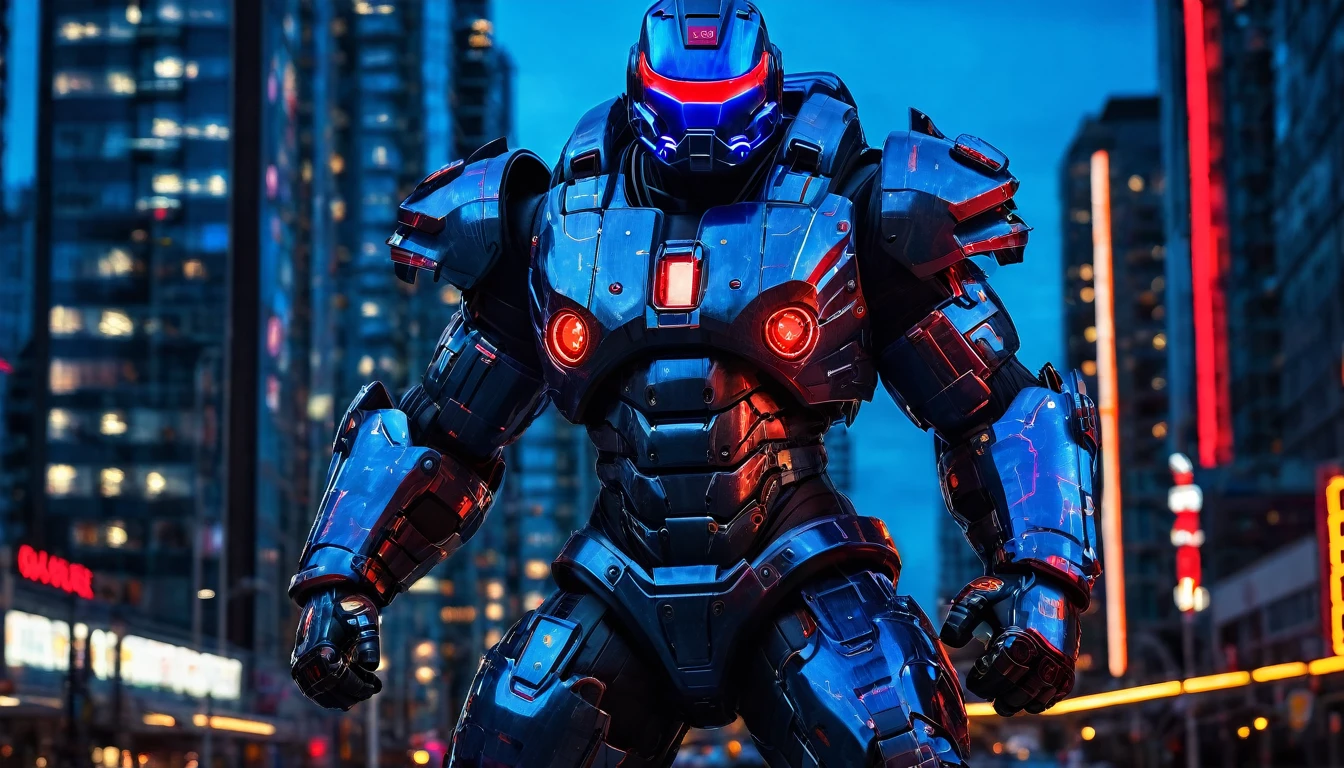 Mech suit ready for battle, full body shot, Vancouver, high-quality artwork, metal armour, intense lighting, cityscape background, heroic pose, dramatic shadows, carbon fiber suit with black paint job and red neon lights, hockey helmet with blue visor, video game, blue electric fists, futuristic synth wave cyberpunk, hulkbuster