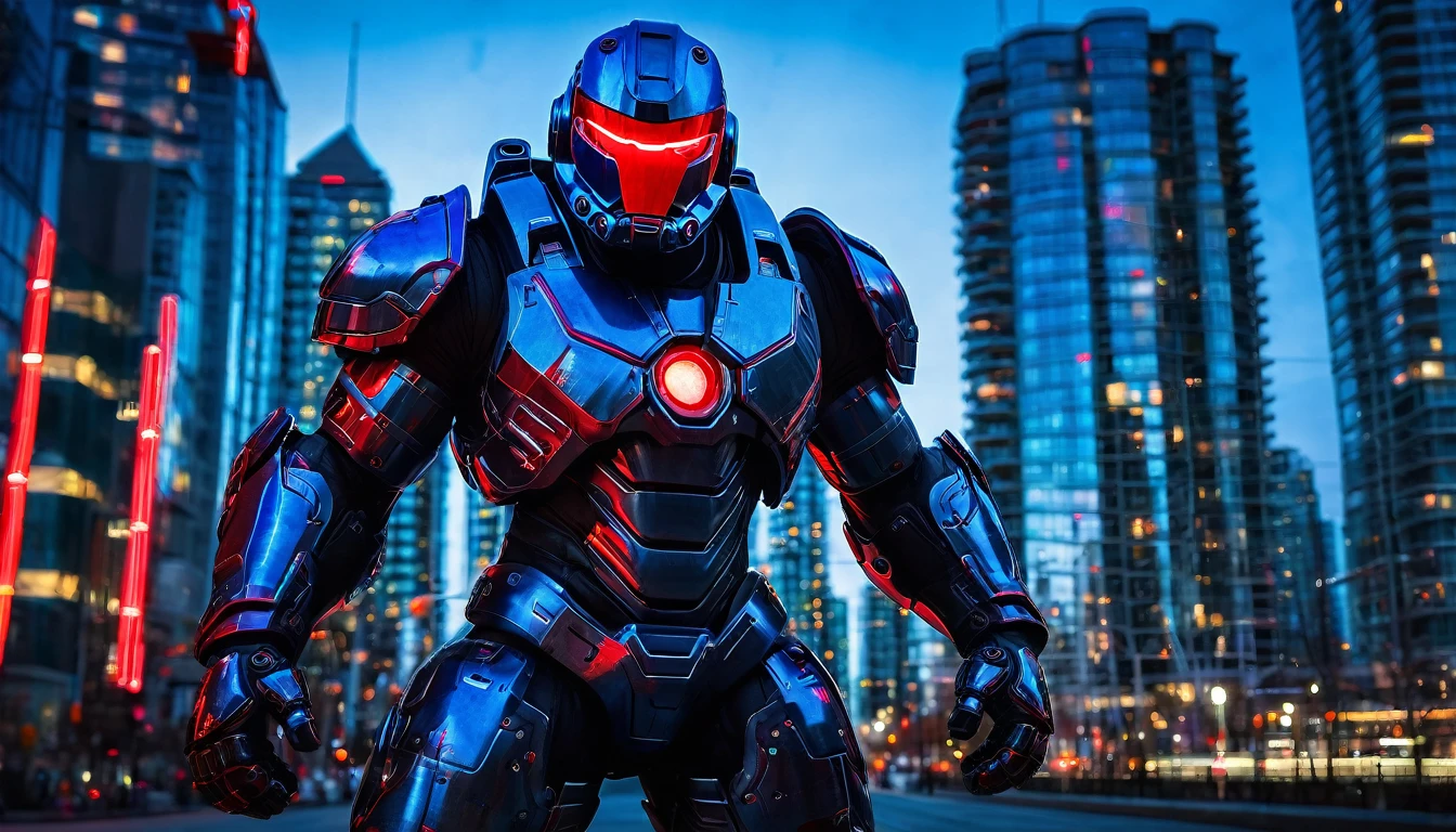 Mech suit ready for battle, full body shot, Vancouver, high-quality artwork, metal armour, intense lighting, cityscape background, heroic pose, dramatic shadows, carbon fiber suit with black paint job and red neon lights, hockey helmet with blue visor, video game, blue electric fists, futuristic synth wave cyberpunk, hulkbuster