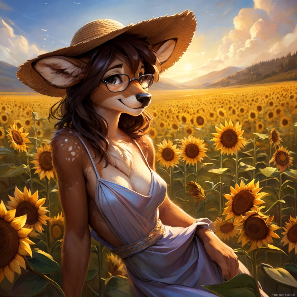 uploaded on e621, by Pixelsketcher, by Bayard Wu, by Thomas Benjamin Kennington , by Einshelm, by hioshiru and kenket, Chunie, portrait, solo anthro female deer doe, with small featureless breasts, clear dark blue, cinematic lighting, day, sunny day, sunflower field, stands in a high sunflower field, sunflower field background, sunflowers, mediterranean background, horizon background, shiny, chin short curly dark brown hair, wears big black nerd glasses, very very beautiful furry art, furry art, smiling, joyful, shiny, happy, feminine, cute face, muzzle, fluffy chest, flawless face, Fallow deer, 1girl, Sakimichan is beautiful, Masterpiece, Wavethesallow Face, shiny, Detailed image, portrait, Detailed image, portrait, full body, wearing pure white and wide spaghetti straps dress, wearing big and wide beige summer straw hat, shiny, realistic face, perfect ???????, hourglass body, (furry body:1.1), anthropomorphic deer, looks at the viewer, small fluffy tail, detailed background, (cute anatomy:1.1)
