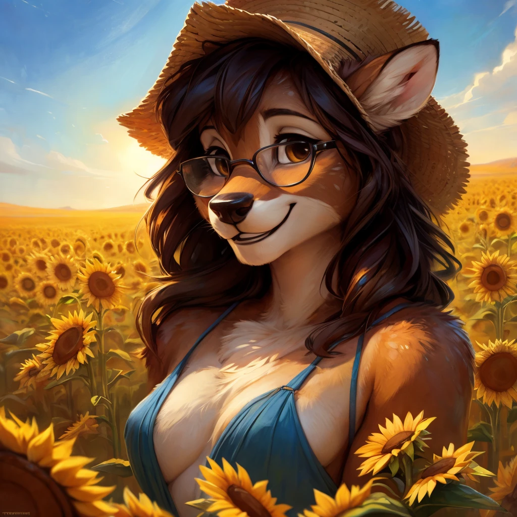 uploaded on e621, by Pixelsketcher, by Bayard Wu, by Thomas Benjamin Kennington , by Einshelm, by hioshiru and kenket, Chunie, portrait, solo anthro female deer doe, with small featureless breasts, clear dark blue, cinematic lighting, day, sunny day, sunflower field, stands in a high sunflower field, sunflower field background, sunflowers, mediterranean background, horizon background, shiny, chin short curly dark brown hair, wears big black nerd glasses, very very beautiful furry art, furry art, smiling, joyful, shiny, happy, feminine, cute face, muzzle, fluffy chest, flawless face, Fallow deer, 1girl, Sakimichan is beautiful, Masterpiece, Wavethesallow Face, shiny, Detailed image, portrait, Detailed image, portrait, full body, wearing pure white and wide spaghetti straps dress, wearing big and wide beige summer straw hat, shiny, realistic face, perfect anatomy, hourglass body, (furry body:1.1), anthropomorphic deer, looks at the viewer, small fluffy tail, detailed background, (cute anatomy:1.1)