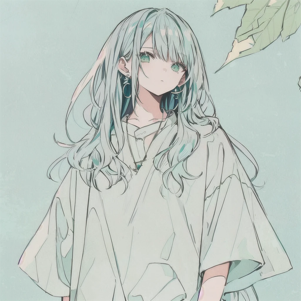 Long Hair Anime Girl and earrings standing in front of a leaf, Clean and detailed anime style, Anime Aesthetics, Turquoise hair anime girl, Anime atmosphere, Flat anime shading, Flowing green hair, Soft anime illustration, detailed manga style, Subtle anime style, Anime-style illustrations, Manga art style, Hime cut, Anime Aesthetics, Long Hair Anime Girl, lo-fi, Lo-Fi