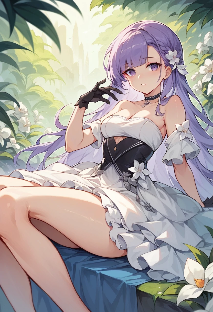 RAW photo , insanely detailed, highest quality, high resolution, solo,break、(contrast:1), full body、 Seen from directly above, lying in a field of flowers, back on the floor、Seductive pose、 break、 (((violet hair Beach waves hairstyle ))), (cosmetics), White effect, White wings:1.2 , White angel:1.2, ((night)) 、 break、Vampire Castle, detailed background,, moon、 break、Antonio Riva dress:1.1,dress made of slightly transparent fabric:1.3、(extremely intricate:1.2), high fantasy, beautiful face, pointy ears, break,background, monochrome, greyscale, barefoot, break、outdoor