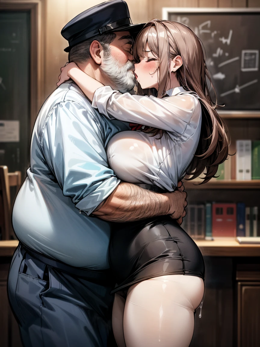 (One girl, A fat middle-aged man:1.2), pantyhose, pantyhose, White shirt, Pencil Skirt, blush, French kiss, hug, Big Breasts, close your eyes, office, Very detailed, High resolution, 4K, masterpiece, High resolution、(tears:1.2)、(Sex:1.3)