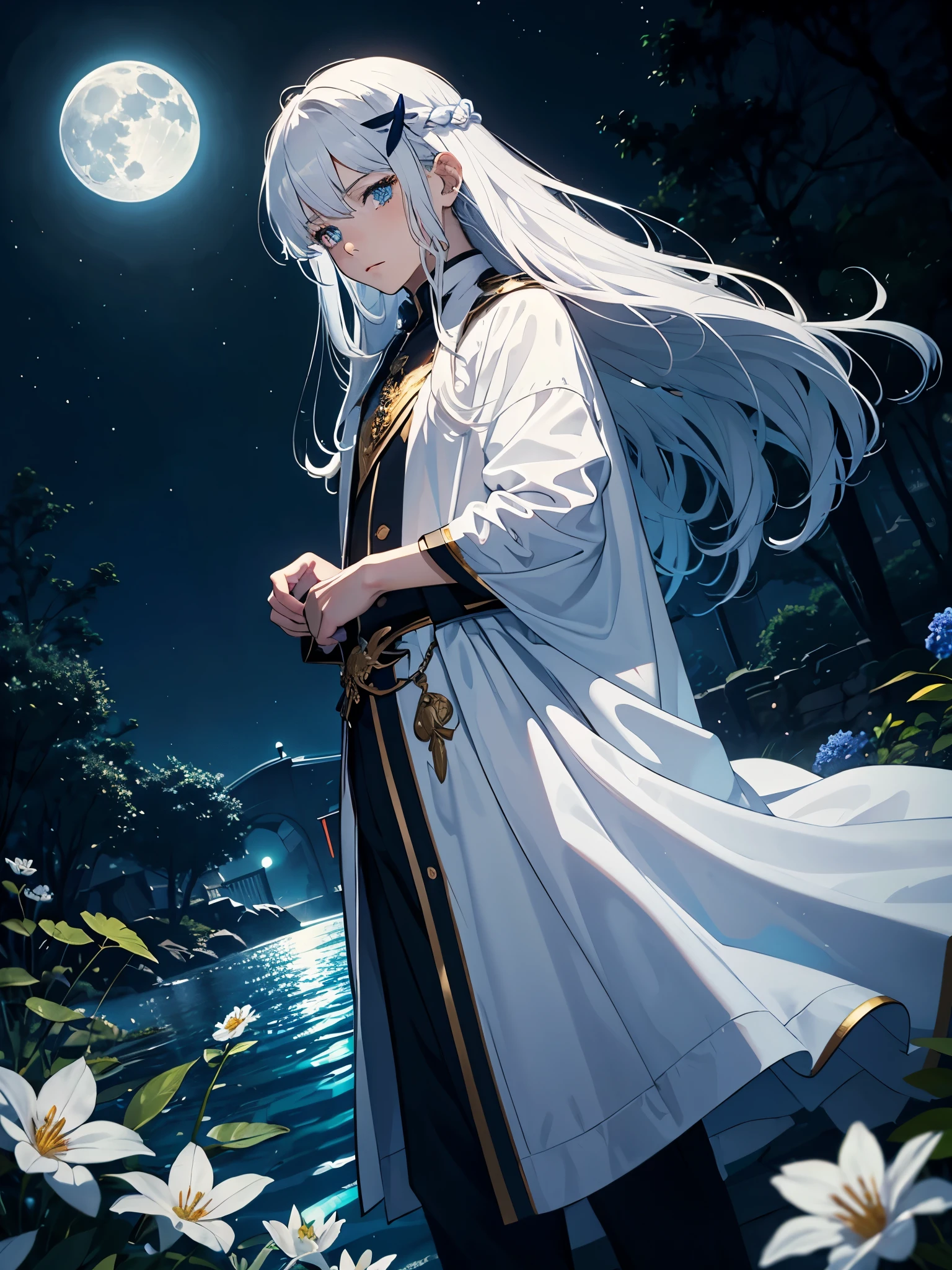 Jünger. Blaue Augen. Jünger. Mehr anime. Male. Light Blue flowers. Long hair. long white hair. aquatic, boy, God of the Moon, silver hair accessories, White hair, White dress, cape, at night.