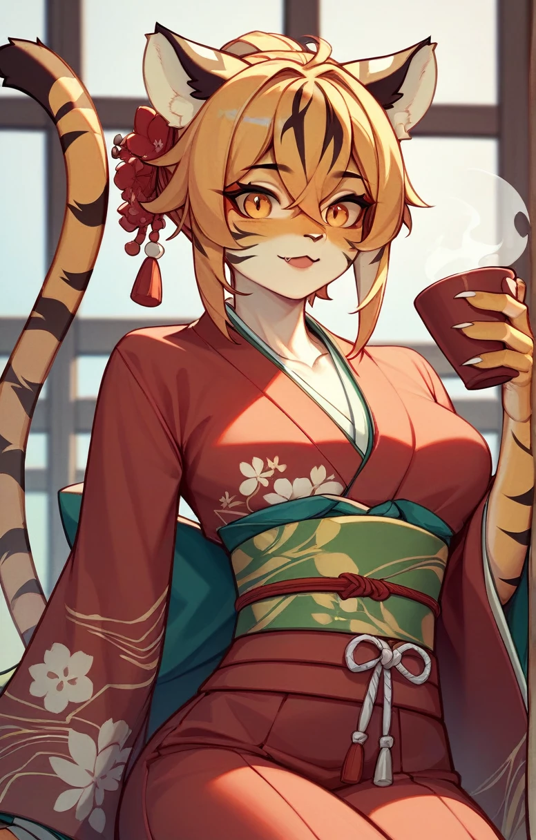 ((masterpiece、cute))、((Tiger Girl、kimono、A Cup、Sword in right hand、The left hand does not hold anything))、alone、kemono、Cat girl、Female furry、Background crop、humanoid cheetah、Fantasy、Lively、