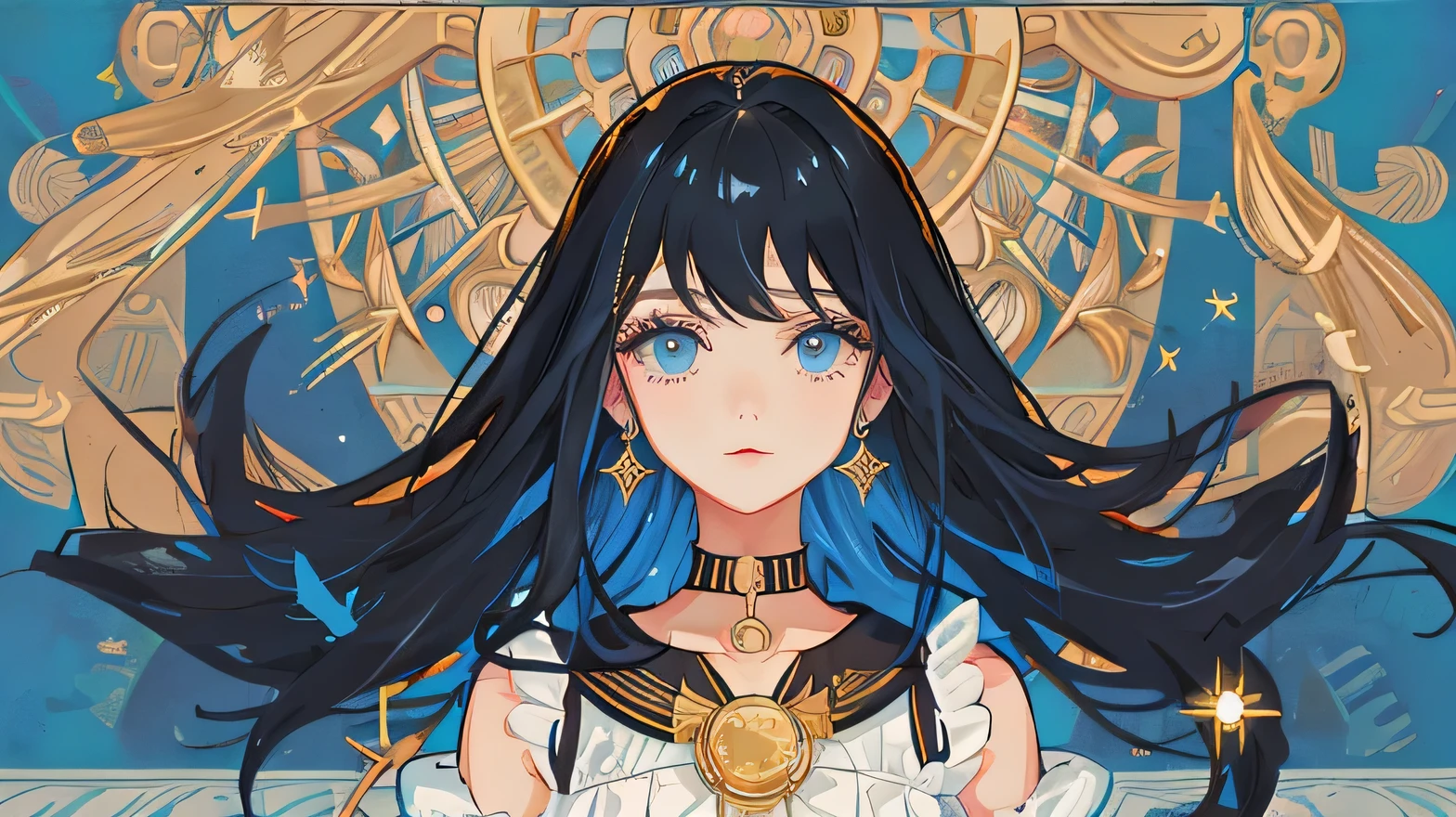 ((best quality)), ((masterpiece)), (detailed)(Baroque),Bright colors,Close-up of facial features,big eyes:1.2,Blue Eyes, highres, border, jewelry, Halation, Black long hair,
metal collar,Clear lashes,
Lips slightly open,Metal collar, blunt bangs, floating hair, pointing, uniform, bare shoulders, magical girl,Golden background,Decorated with stars