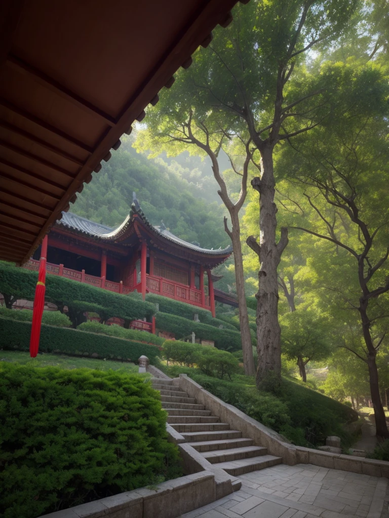 (RAW photos:1.2),Highest quality, Ultra-high resolution, A real photograph captures a traditional Chinese building, which is a temple. It sits on a hillside, surrounded by trees and natural surroundings. The roof design features the traditional Chinese style with upturned eaves, in a combination of dark red and yellow colors.

In the foreground, a flight of stone steps leads up to the structure, flanked by railings. The entire scene is shrouded in a light mist, adding an air of mystery and tranquility. The sky is overcast, as if it has just rained. The atmosphere is cinematic, captured by a Canon camera.