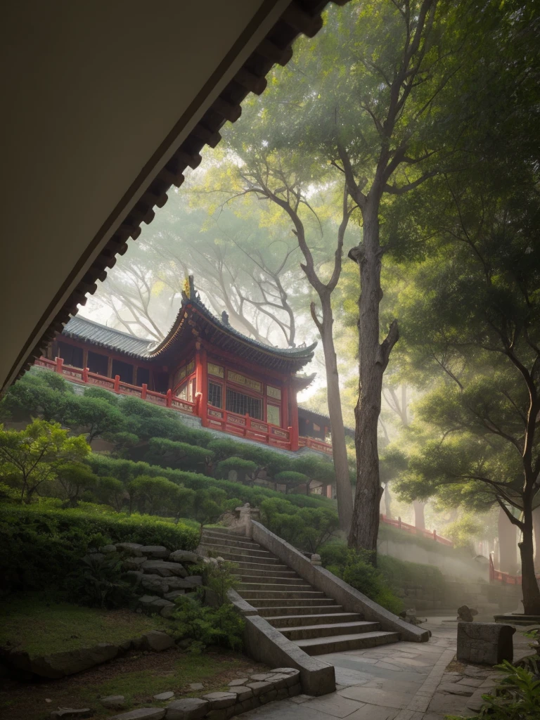 (RAW photos:1.2),Highest quality, Ultra-high resolution, A real photograph captures a traditional Chinese building, which is a temple. It sits on a hillside, surrounded by trees and natural surroundings. The roof design features the traditional Chinese style with upturned eaves, in a combination of dark red and yellow colors.

In the foreground, a flight of stone steps leads up to the structure, flanked by railings. The entire scene is shrouded in a light mist, adding an air of mystery and tranquility. The sky is overcast, as if it has just rained. The atmosphere is cinematic, captured by a Canon camera.