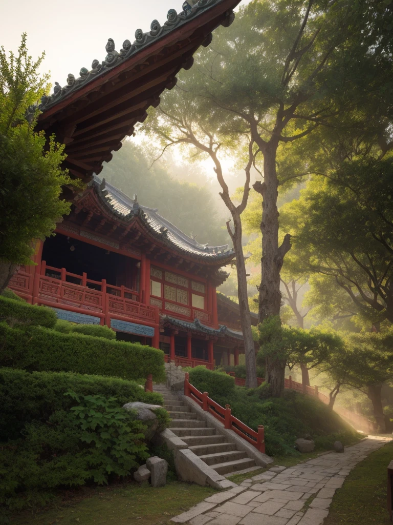 (RAW photos:1.2),Highest quality, Ultra-high resolution, A real photograph captures a traditional Chinese building, which is a temple. It sits on a hillside, surrounded by trees and natural surroundings. The roof design features the traditional Chinese style with upturned eaves, in a combination of dark red and yellow colors.
In the foreground, a flight of stone steps leads up to the structure, flanked by railings. The entire scene is shrouded in a light mist, adding an air of mystery and tranquility. The sky is overcast, as if it has just rained. The atmosphere is cinematic, captured by a Canon camera.