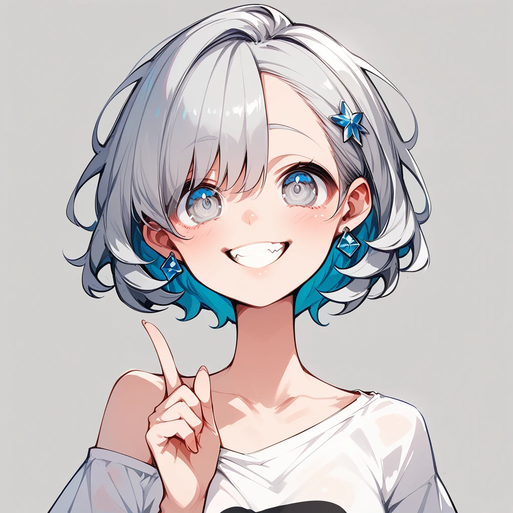 One girl,alone,白 hair,short hair,青 eyes,Silver earrings,Blue hairpin,black ,Gray background,I love the style,oversized shirt, shirt, Off the shoulder,mesugaki, smile, View your viewers, Sharp Eyey eyes are about to be covered ,holding,blush, Raise your hand, Leather Fang, ,Style 5,