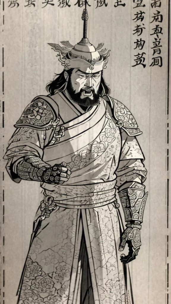 (((Monochrome)))、(((Man with open mouth)))、（（Men in ancient China））、（Ink Painting）、Highest quality、masterpiece、Ultra-high resolution、(Realistic:1.4)、Game Poster、Three bearded men of the kingdom,Oriental、As seen in the Romance of the Three Kingdoms々military commander、Crisp and beautiful image quality ,(((metal armor, metal dragon head on the shoulder, Holding a sword, (Skin of color, ), (metal armor with intricate pattern:1.2)))、 gloves, Long trousers, (Very detailed, bloom:1.5), (Highest quality, Concept Art, 4K), (analog:1.2), (high sharpness), (Detailed pupil:1.1),, Detailed face and eyes, masterpiece, Highest quality, (Very detailed:1.1), 8k, photoRealistic, (PurerosFace_v1:0.2), [:(Detailed face:1.2):0.2], sharp, Realistic, Realistic Shadow, 