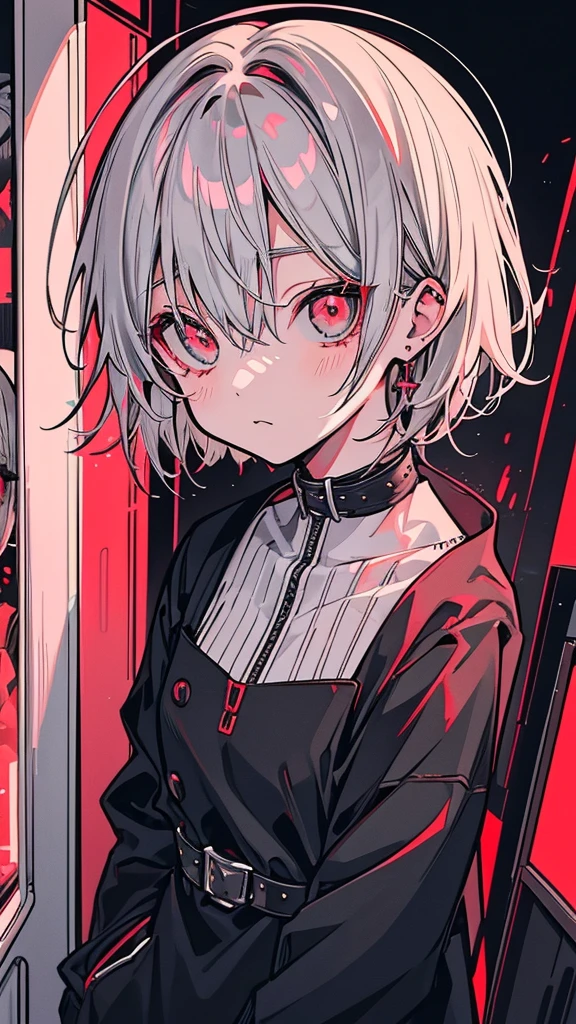 a picture of a woman of short white hair standing in front of a red light, Gray-haired deity, Gap Moe Yandere grimdark, Gap Moe Yandere, Gray-haired girl, Crushing Despair, Flowing white hair, short Hair Anime Girl, perfect Gray-haired girl
