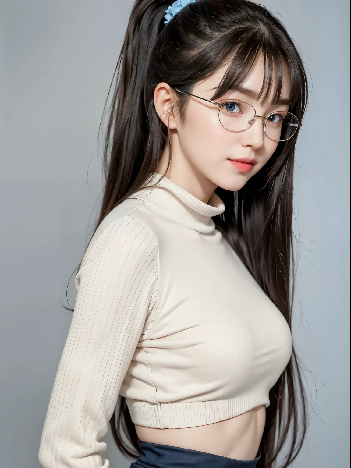 (Best quality, masterpiece, detailed), (RAW, 4k, hd images), shy, 1 girl, 17 years old, white skin, long hair, ponytail, layers hair, bangs, black hair, beautiful girl, cute girl, sweet girl, pretty girl, perfect girl, pretty eyes, blue eyes, thin lips, thin, eye line, perfect round breast, glasses(detailed frame), simple background, smile, waist, hips, sweater clothes, random angle capture, half body, 