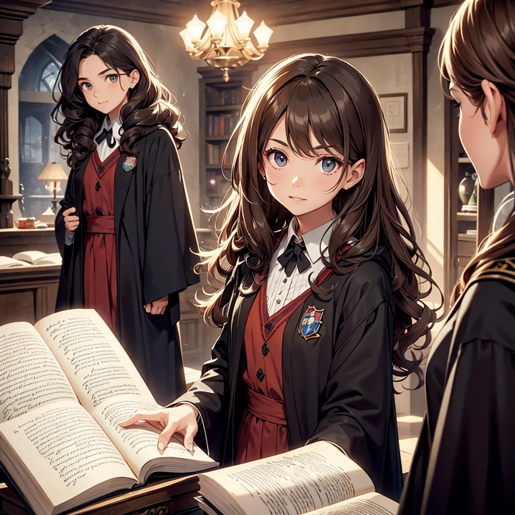 9yo, 1girl, child, solo, Hermione Granger, full body, solo, school uniform, beautiful face highly detailed and eyes, beautiful skin, bed room, shiney solar lighting, 9yo, 1girl, child, solo, Hermione Granger, school uniform, beautiful skin, smile perfect anatomy, shiney solar lighting