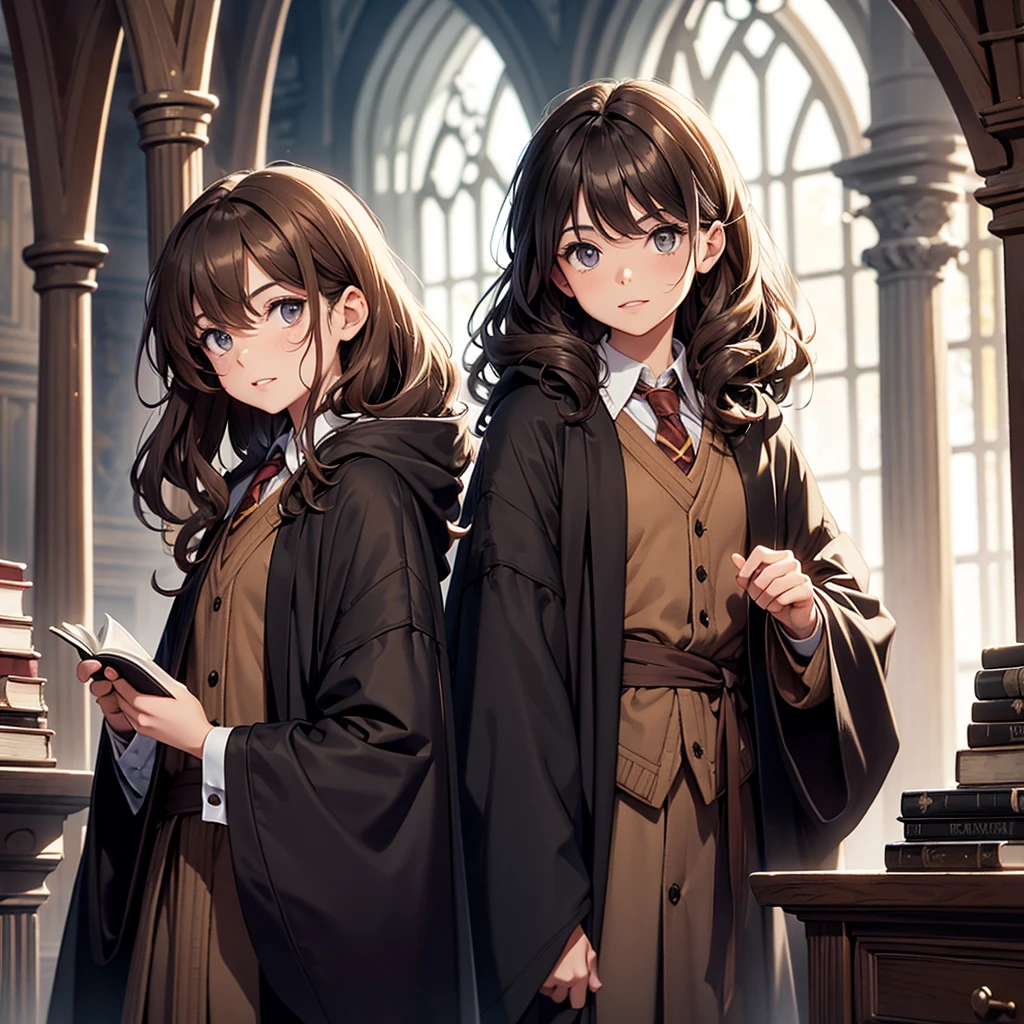 Hair: Brown and very curly, often described as messy or frizzy.
Eyes: brown.
Quick: Clara.
teeth: Originally had large front teeth, but this is magically corrected in the fourth book, "Harry Potter and the Goblet of Fire".
height: Of medium height.
Constitution: slim.
Clothes: He is usually seen wearing the Hogwarts uniform., which includes a black robe. out of school, wear casual but practical clothing.