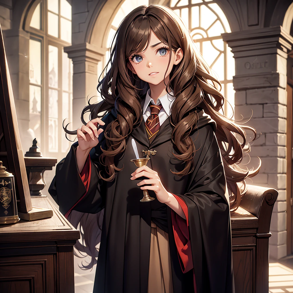 Hair: Brown and very curly, often described as messy or frizzy.
Eyes: brown.
Quick: Clara.
teeth: Originally had large front teeth, but this is magically corrected in the fourth book, "Harry Potter and the Goblet of Fire".
height: Of medium height.
Constitution: slim.
Clothes: He is usually seen wearing the Hogwarts uniform., which includes a black robe. out of school, wear casual but practical clothing.