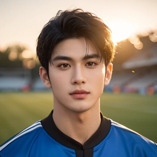 A handsome 25-year-old Haraffian man, a Southeast Asian man with a round face., Portrait,The face is bright and shiny., Double eyelids, Big eyes,Man Araffe wears a dark red football uniform.,Posing for pictures, Handsome and elegant, Handsome Chad Chin, Wear a black shirt., Handsome and charming, very handsome, With his short black hair, handsome man, Wearing a noble black suit, Chai Sukun, very handsome, Outdoors in a football stadium, Warm light, The evening sun shone brightly., Beautiful and realistic,