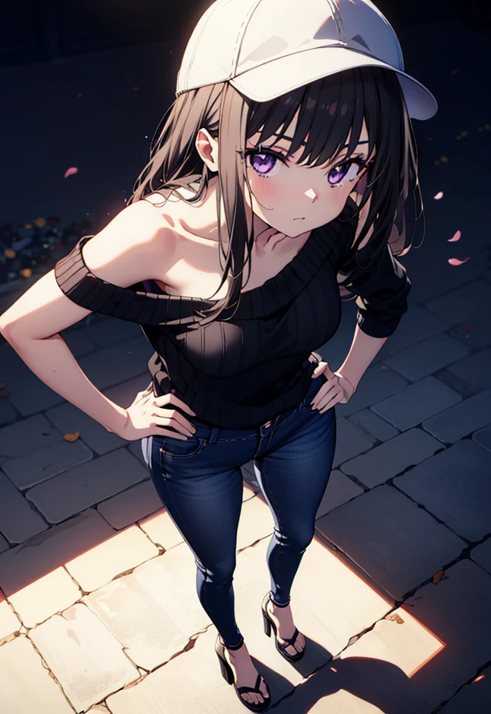 Takiuchikami, Long Hair, bangs, Black Hair, (Purple eyes:1.2),Baseball hats,Blue one-shoulder sweater,Skinny jeans,Stiletto heels,Place one hand on hip,Are standing,whole bodyがイラストに入るように,Daytime,
break outdoors, Building district,
break looking at viewer, whole body,
break (masterpiece:1.2), Highest quality, High resolution, unity 8k wallpaper, (figure:0.8), (Beautiful attention to detail:1.6), Highly detailed face, Perfect lighting, Highly detailed CG, (Perfect hands, Perfect Anatomy),