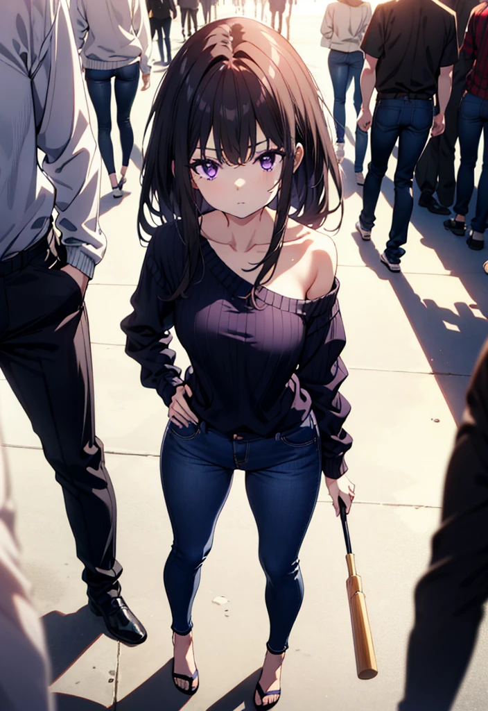 Takiuchikami, Long Hair, bangs, Black Hair, (Purple eyes:1.2),Baseball hats,Blue one-shoulder sweater,Skinny jeans,Stiletto heels,Place one hand on hip,Are standing,whole bodyがイラストに入るように,Daytime,
break outdoors, Building district,
break looking at viewer, whole body,
break (masterpiece:1.2), Highest quality, High resolution, unity 8k wallpaper, (figure:0.8), (Beautiful attention to detail:1.6), Highly detailed face, Perfect lighting, Highly detailed CG, (Perfect hands, Perfect Anatomy),