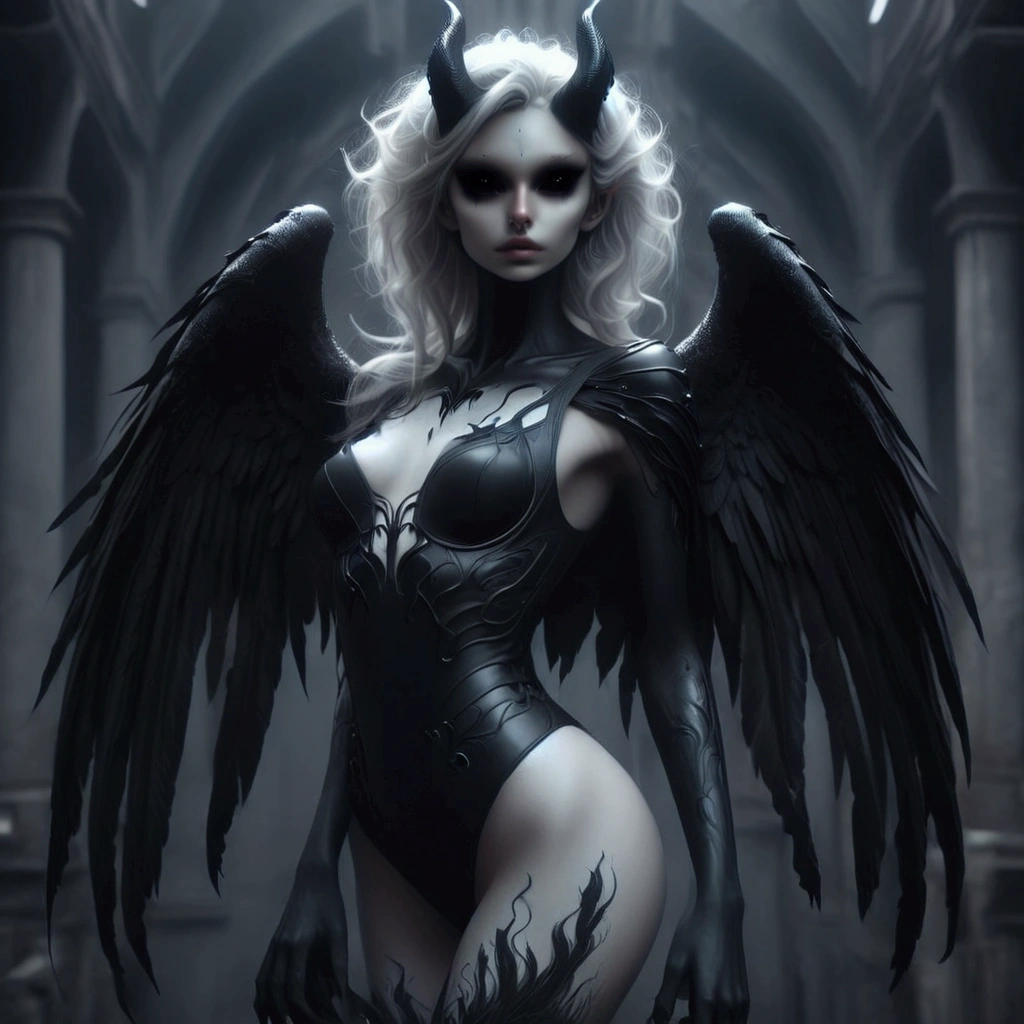 arafed woman in a black leather outfit with wings, villainess has black angel wings, raven winged female vampire, dark angel, 3 d render character art 8 k, beautiful cyborg angel girl, seductive cyberpunk dark fantasy, dark feathered wings, angel knight gothic girl, dark fantasy style art, angel with black wings, dark fantasy art, gothic fantasy art