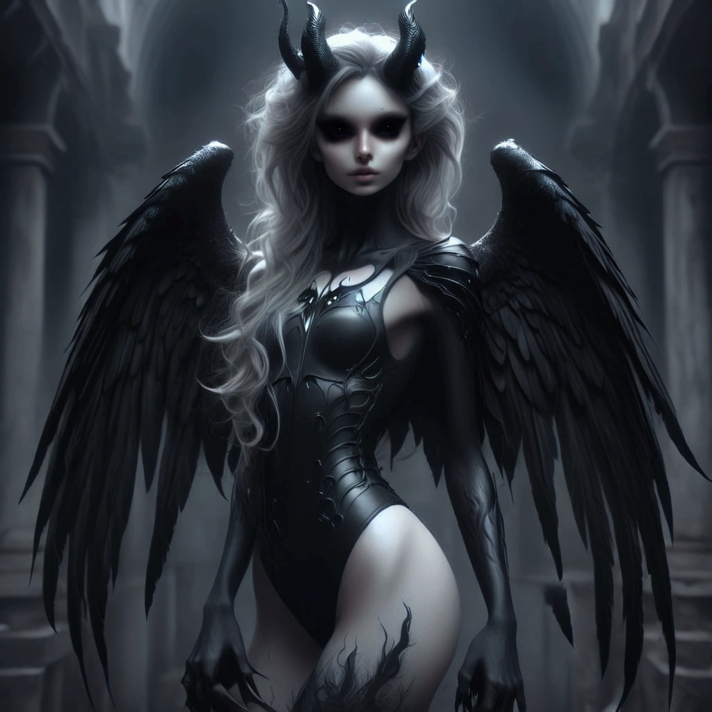arafed woman in a black leather outfit with wings, villainess has black angel wings, raven winged female vampire, dark angel, 3 d render character art 8 k, beautiful cyborg angel girl, seductive cyberpunk dark fantasy, dark feathered wings, angel knight gothic girl, dark fantasy style art, angel with black wings, dark fantasy art, gothic fantasy art