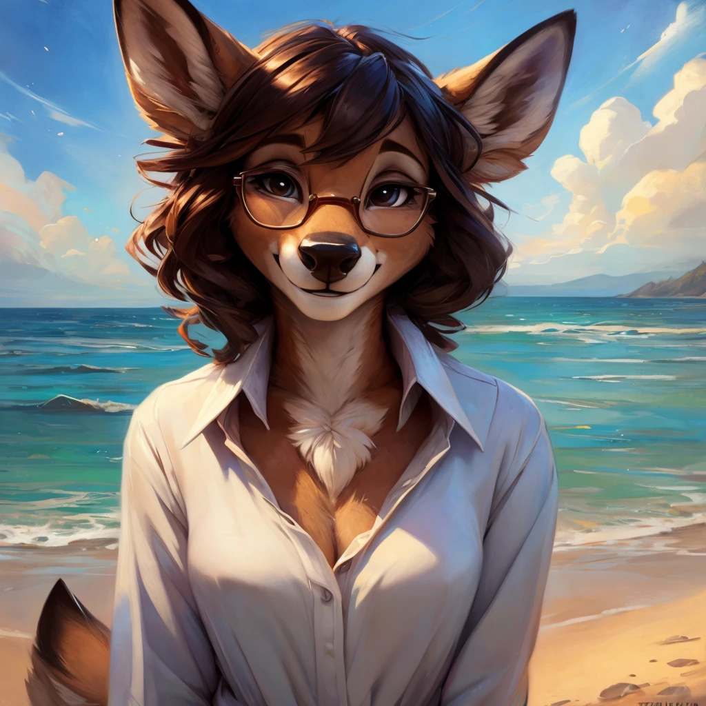 uploaded on e621, by Pixelsketcher, by Bayard Wu, by Thomas Benjamin Kennington , by Einshelm, by hioshiru and kenket, Chunie, portrait, solo anthro female deer doe, with small featureless breasts, clear dark blue, cinematic lighting, day, sunny day, beach, stays in the sea, sea background, mediterranean background, horizon background, shiny, short curly dark brown hair, wears big black nerd glasses, very very beautiful furry art, furry art, smiling, joyful, shiny, happy, feminine, cute face, muzzle, fluffy chest, flawless face, Fallow deer, 1girl, Sakimichan is beautiful, Masterpiece, Wavethesallow Face, shiny, Detailed image, portrait, Detailed image, portrait, full body, wearing wide, long, white blouse, shiny, realistic face, perfect anatomy, hourglass body, (furry body:1.1), anthropomorphic deer, small fluffy tail, detailed background, (cute anatomy:1.1), windy, smiling, very happy, happy
