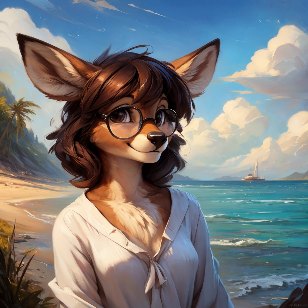 uploaded on e621, by Pixelsketcher, by Bayard Wu, by Thomas Benjamin Kennington , by Einshelm, by hioshiru and kenket, Chunie, portrait, solo anthro female deer doe, with small featureless breasts, clear dark blue, cinematic lighting, day, sunny day, beach, stays in the sea, sea background, mediterranean background, horizon background, shiny, short curly dark brown hair, wears big black nerd glasses, very very beautiful furry art, furry art, smiling, joyful, shiny, happy, feminine, cute face, muzzle, fluffy chest, flawless face, Fallow deer, 1girl, Sakimichan is beautiful, Masterpiece, Wavethesallow Face, shiny, Detailed image, portrait, Detailed image, portrait, full body, wearing wide, long, white blouse, shiny, realistic face, perfect anatomy, hourglass body, (furry body:1.1), anthropomorphic deer, small fluffy tail, detailed background, (cute anatomy:1.1), windy, smiling, very happy, happy
