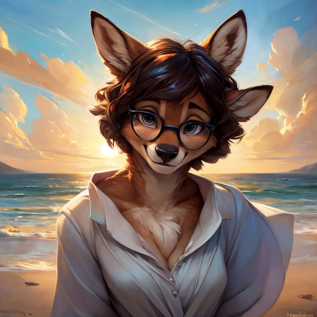 uploaded on e621, by Pixelsketcher, by Bayard Wu, by Thomas Benjamin Kennington , by Einshelm, by hioshiru and kenket, Chunie, portrait, solo anthro female deer doe, with small featureless breasts, clear dark blue, cinematic lighting, day, sunny day, beach, stays in the sea, sea background, mediterranean background, horizon background, shiny, short curly dark brown hair, wears big black nerd glasses, very very beautiful furry art, furry art, smiling, joyful, shiny, happy, feminine, cute face, muzzle, fluffy chest, flawless face, Fallow deer, 1girl, Sakimichan is beautiful, Masterpiece, Wavethesallow Face, shiny, Detailed image, portrait, Detailed image, portrait, full body, wearing wide, long, white blouse, shiny, realistic face, perfect anatomy, hourglass body, (furry body:1.1), anthropomorphic deer, small fluffy tail, detailed background, (cute anatomy:1.1), windy, smiling, very happy, happy
