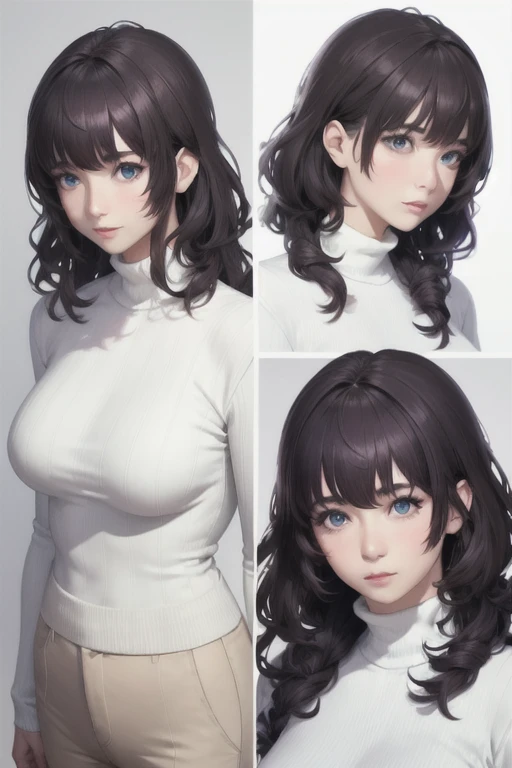 girl,Character design sheet,Beautiful attention to detail,Beautiful lip detail,Very detailed目と顔,Long eyelashes,Realistic,photoRealistic:1.37,Very detailed,Professional,Vibrant colors,Portraiture,Studio Lighting,Sharp focus,Physically Based Rendering,High resolution,超High resolution. blue eyes,Big eyes, Long Hair,Curly hair、Black Hair,Red cheeks,Droopy eyes,slender,Long sleeves,White turtleneck,pants,Back view