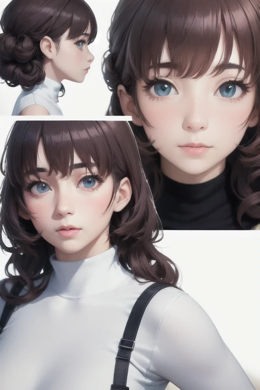 girl,Character design sheet,Beautiful attention to detail,Beautiful lip detail,Very detailed目と顔,Long eyelashes,Realistic,photoRealistic:1.37,Very detailed,Professional,Vibrant colors,Portraiture,Studio Lighting,Sharp focus,Physically Based Rendering,High resolution,超High resolution. blue eyes,Big eyes, Long Hair,Curly hair、Black Hair,Red cheeks,Droopy eyes,slender,Long sleeves,White turtleneck,pants,Back view
