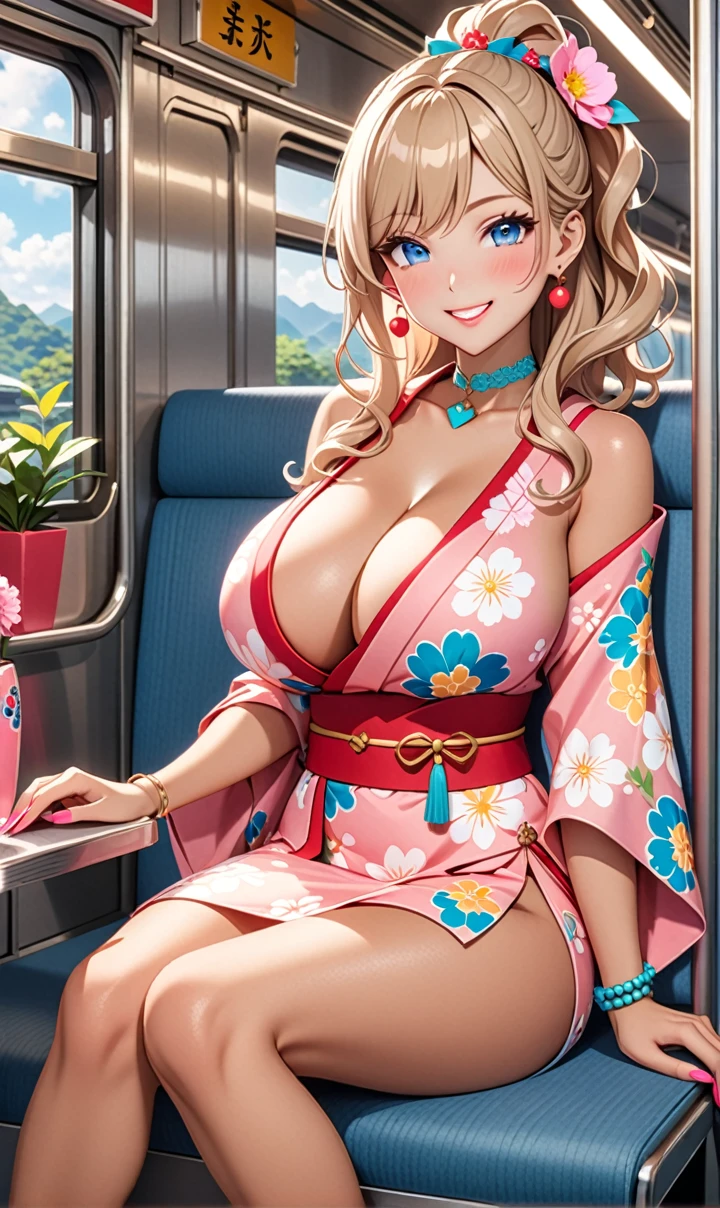 ultra-detailed, ((one girl)),  (tan skin:1.4), in pastel colors gyaru, (heavy makeup), (professional lighting) hyper detailed, absurdres, 8k, Beautiful Face, (Laugh shyly), ((teasing smile:1.6)), ((happy smile:1.5)),  ((Wink:1.6)), (Laugh with your mouth wide open),((Tilt your face:1.6)), View your viewers, ((Bright red cheeks:1.6)),Glossy shocking pink lips, ((huge breasts:1.6)),  ((undressing)), noon, summer, on the train, Anime style background)),masterpiece, Highest quality, (Brighten your face), so beautiful,Latest, Complex details, ((fluorescent pink long nail:1.2)), (ring),((bracelet)), ((Floral choker)),AI-generated, Complex,High resolution, Highest quality, super high quality,3D Images、3D Images,One person, Blonde long hair ,(High Ponytail), (wavy hair:1.4), Anime woman posing for a photo, ((Fine grain、blue eyes、glowing eyes:1.3)), (Squint your eyes:1.1),a hyperRealistic , hyperRealistic , Realistic,Long blonde anime woman, Smooth anime CG art, A girl in a gorgeous pastel-colored kimono, ((Pastel-colored furisode)),(Pink large floral pattern),  (sideboob), Long flower hair ornament,Big earrings, Mature Body, tall,Narrow waist, portrait, (Sit in your seat), (Crossing your legs:1.0), (Eating a makunouchi bento:1.2),