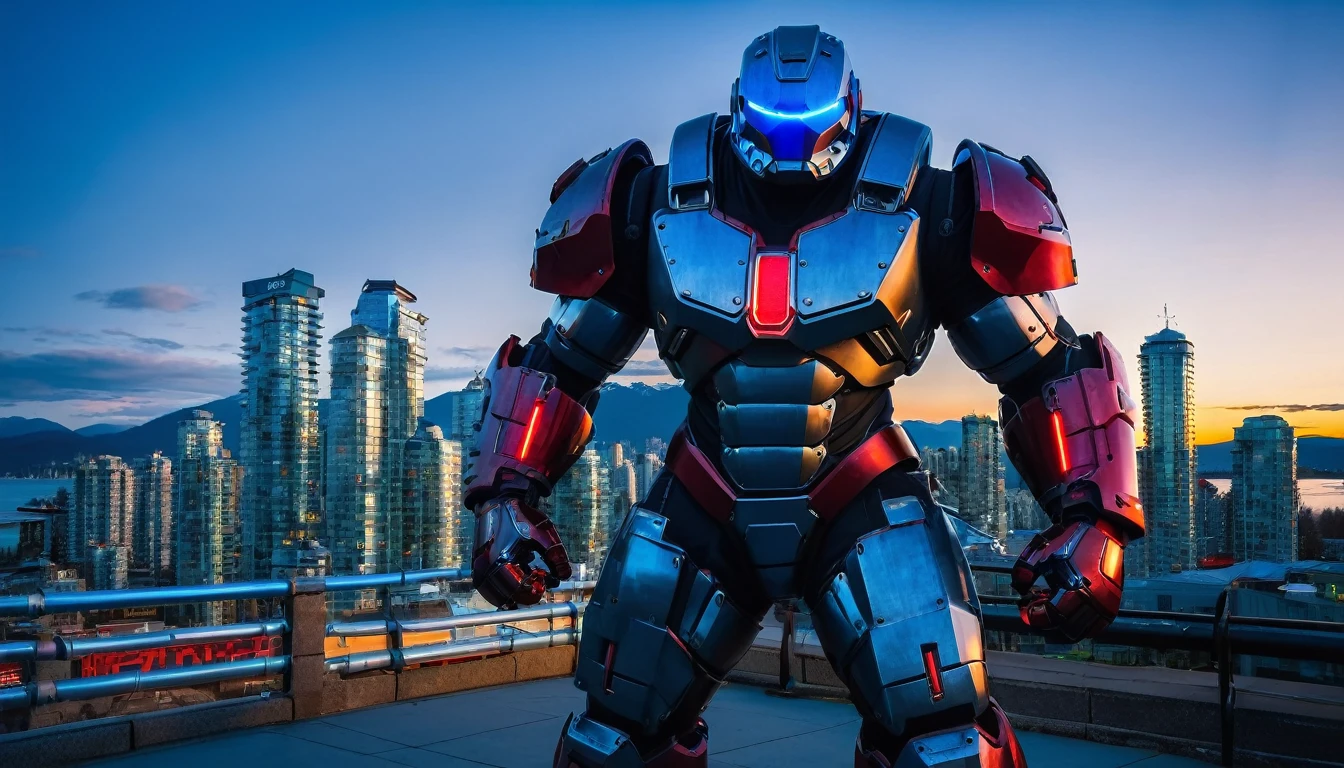 Mech suit ready for battle, full body shot, Vancouver, high-quality artwork, metal armour, intense lighting, cityscape background, heroic pose, dramatic shadows, carbon fibre suit with black paint job and red neon lights, hockey helmet with blue visor, video game, blue electric fis, hulkbuster with hockey mask faceplate