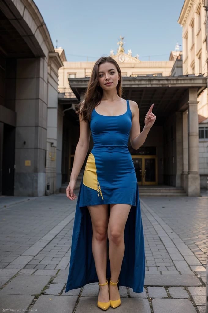 Ukrainian woman, full body, nice face, jolie corps, ((dress with blue top and yellow bottom)), smirk, (((on a large square with an opera))), Ukrainian city
