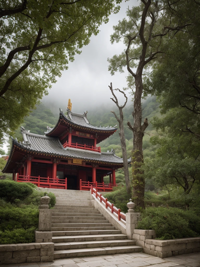 (RAW photos:1.2),Highest quality, Ultra-high resolution, A real photograph captures a traditional Chinese building, which is a temple. It sits on a hillside, surrounded by trees and natural surroundings. The roof design features the traditional Chinese style with upturned eaves, in a combination of dark red and yellow colors.
In the foreground, a flight of stone steps leads up to the structure, flanked by railings. The entire scene is shrouded in a light mist, adding an air of mystery and tranquility. The sky is overcast, as if it has just rained. The atmosphere is cinematic, captured by a Canon camera.