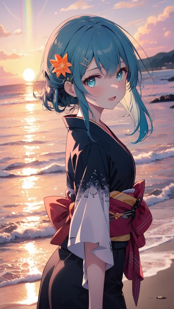 (8K, best quality, master piece: 1.2),super high resolution,1 girl, solo, cowboy shot ,ultra-detailed face, silme, Rainbow hair, thin hair clip, cyan colorshift eyes, expressive eyes, Ecstatic expression, Elegant kimono, silk, satin, red, gold, fan, Kanzashi hair ornament, Beach at sunset, orange, pink, purple, bright but with sunset shadows