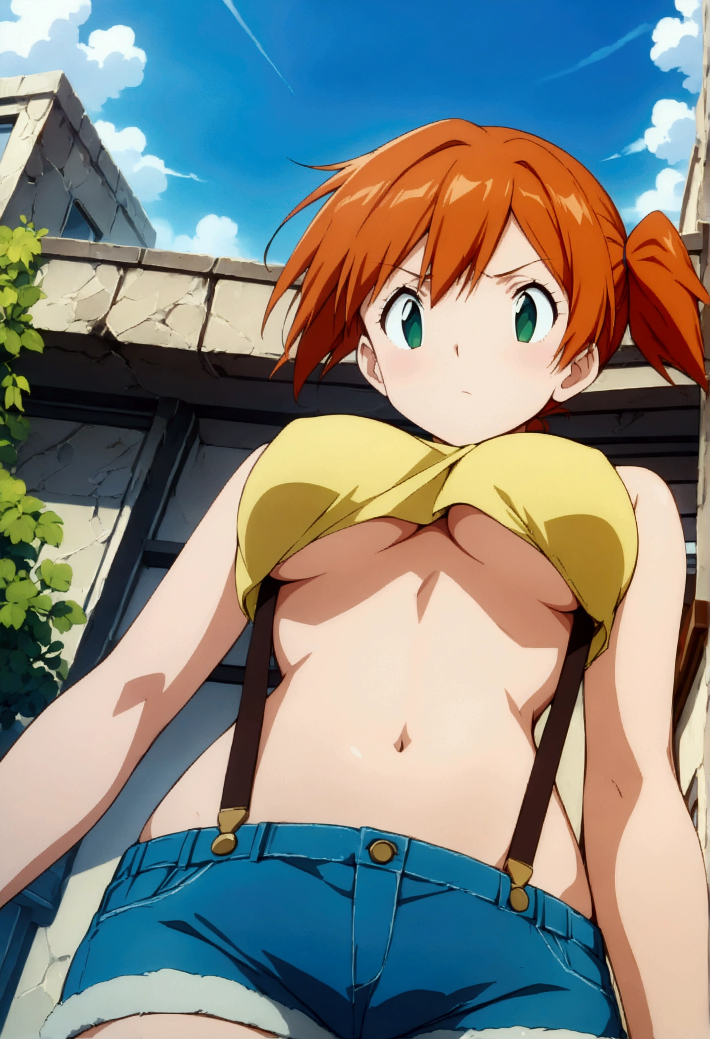 (score_9, score_8_up, score_7_up), ((best quality, masterpiece)),perfect anatomy,((aesthetic,very aesthetic)),official style, (ultra-high resolution),source_anime.from front,below view,face focus ,standing ,  (mature) ,1girl, Outdoor, Green Eyes, Orange Hair, , Yellow Shirt, Sleeveless shirt,((stomach)), Denim shorts, suspenders, ,   (slender), under_boob,unity 8k wallpaper.extremely detailed CG, ,,
