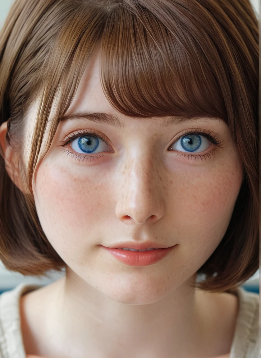 Maxine_Caulfield_Byamp, One girl, Brown Hair, short hair, blue eyes, freckles,photograph, Portraiture, score_9, score_8_superior, score_7_superior, score_6_superior, score_5_superior, score_4_superior, Bottom View,
(Realistic:1.2),View Viewer 