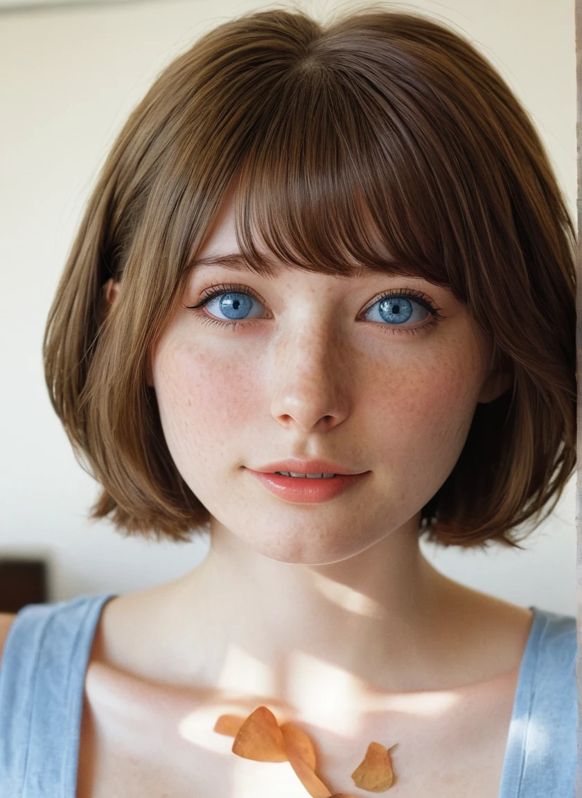 Maxine_Caulfield_Byamp, One girl, Brown Hair, short hair, blue eyes, freckles,photograph, Portraiture, score_9, score_8_superior, score_7_superior, score_6_superior, score_5_superior, score_4_superior, Bottom View,
(Realistic:1.2),View Viewer 